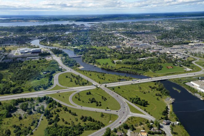 An aerial view of Belleville looking south from the 401