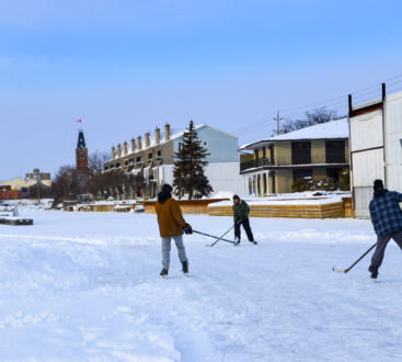 Three people skating and playing hockey on the ice in Victoria Harbour. Belleville City Hall is visible in the background.